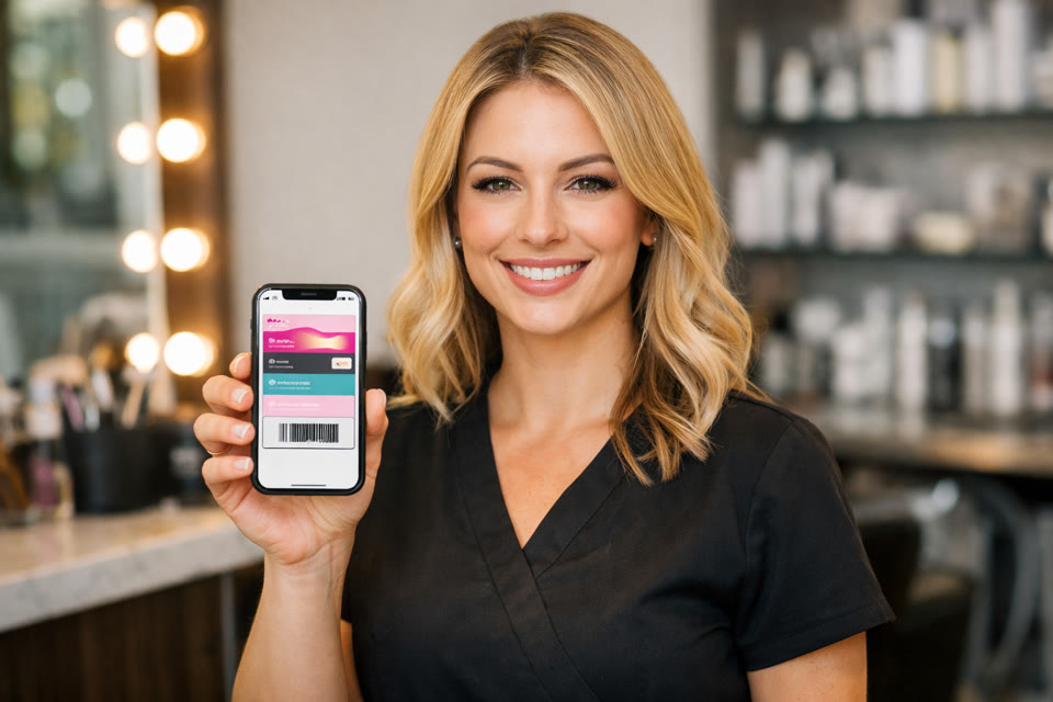Beauty professional showing an Apple Wallet loyalty card