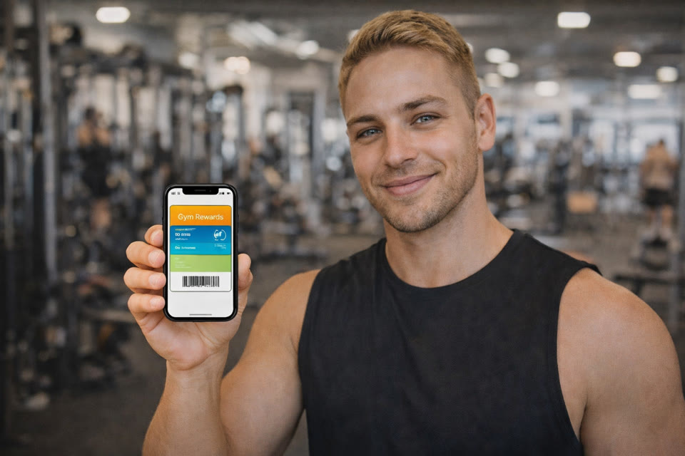 Gym trainer showing an Apple Wallet loyalty card