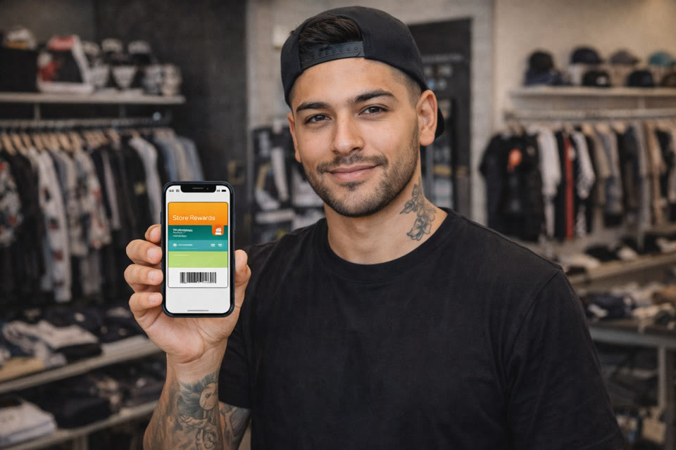 Retail associate showing an Apple Wallet loyalty card